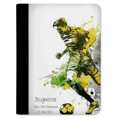 Abbildung von CreaDesign, Kinder Zeugnismappe mit Namen personalisiert, Motiv Fußball Junge grün gelb ohne Klarsichthüllen, A4, 24 x 31 1 cm, Rücken schwarz
