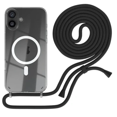 Abbildung von EAZY CASE Handykette kompatibel mit iPhone 16 Plus Kette zum Umhängen Handyhülle für Apple Silikon Hülle Band Handytasche Transparent als Fallschutz in Schwarz Clips