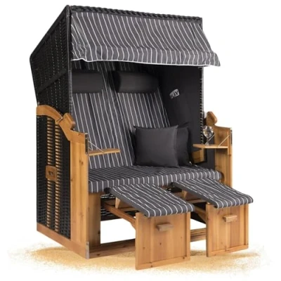 Abbildung von Strandkorb Hanse Ostsee Anthrazit grau weiß nadelstreifen, BxTxH: 120x80x160 cm, Volllieger, Modell, Stabiles Wacholder mit handgefertigtem Polyrattangeflecht