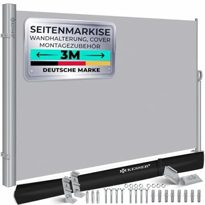 Abbildung von KESSER® Alu Seitenmarkise Ausziehbar &amp; Blickdicht 300 x 180 cm Garten Sichtschutz Windschutz mit Aufrollautomatik für Balkon Terrasse Seitenrollo inkl. Regencover Wandhalterung Grau