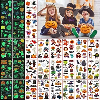 Abbildung von 30 Blatt Temporäre Tattoos für Kinder, Enthalten 20 Cartoon Halloween Thema Tattoo und 10 Leuchten im Dunkeln Tattoo, Kindergeburtstag Mitgebsel Deko Party Cosplay Zubehör