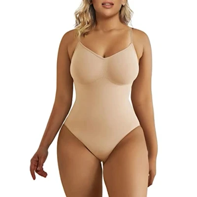 Abbildung von SHAPERX Bodysuit Figurenformend Damen Body Shaper Bauchweg Sculpting Shapewear Tanga Ganzkörper Formende Bodys Verstellbarer Schultergurt, UK SZ5215 Beige S/M