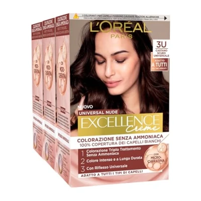 Abbildung von 3 x L&#039;Oréal Paris Excellence Creme, Universal Nude, permanente Haarfarbe, Dunkelbraun, 3U, Dreifach Behandlung Farben