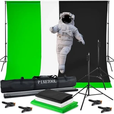 Abbildung von PIXETOOL Greenscreen (3m x 3m) mit Ständer (2,6m Fotohintergrund Fotostudio Set Green Screen Hintergrund 3x Hintergrundstoffe Stativ 4 Klemmen Gaming Streaming Fotografie Zubehör