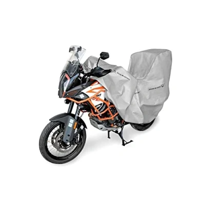 Abbildung von Motorrad Abdeckplane Motorradabdeckung Motorradgarage Adventure mit Box 215 245 cm Grau Wasserfest &amp; Extrastark Outdoor gegen Regen Schnee Wind UV Strahlung Laub und Anderen Schmutz