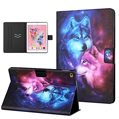 Abbildung von CasaFuny Hülle Kompatibel mit iPad 9.7 Zoll 2017/2018(5./6.Generation),/iPad Air 2/ 1 Ultra Dünn PU Leder Ständer Schutzhülle Case Cover Auto Schlaf/Aufwach Funktion,Wolf