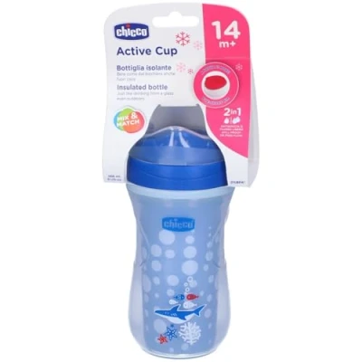 Abbildung von Chicco Active Tropffreier Trinklernbecher für Kinder 266 ml, 1 Babyflasche 14+ Monate Trinkbecher, isolierte Thermoskanne mit ergonomischer Tülle und Easy Sips Ventil, BPA frei Türkis oder Blau