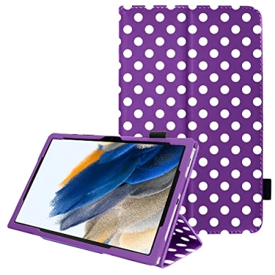 Abbildung von TECHGEAR Leder hülle Kompatibel mit Samsung Galaxy Tab A8 10.5 2021 (SM X200 / SM X205) Premium PU Schlank Folio Schutzhülle Ständer und Handschlaufe, [Lila Tupfen]