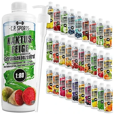 Abbildung von C.P. Sports Getränkesirup für Mineraldrink I Sirup zuckerfrei Vital Drink KAKTUSFEIGE mit Vitaminen Getränkekonzentrat zum Mischen Wasser Sport Getränk 2 Liter + Pumpspender