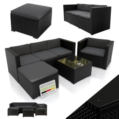 Abbildung von Juskys Gartenlounge Set Punta Cana, (Set, Sitzgruppe), Polyrattan Sitzgarnitur mit 1 Tisch, Ecksofa, Sessel und Hocker