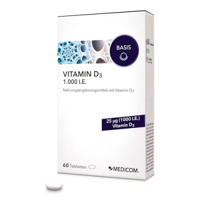 Abbildung von Medicom Vitamin D3 1.000 I.E. Tabletten, Nahrungsergänzung, Immunsystem stärken, Hochdosiertes D3, Starke Knochen &amp; Zähne, Optimale Aufnahme, 25µg pro Tablette 60 Tabletten