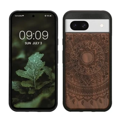 Abbildung von kwmobile Hülle kompatibel mit Google Pixel 8a Holz Case Handy Cover TPU Handyhülle in Dunkelbraun Indische Sonne