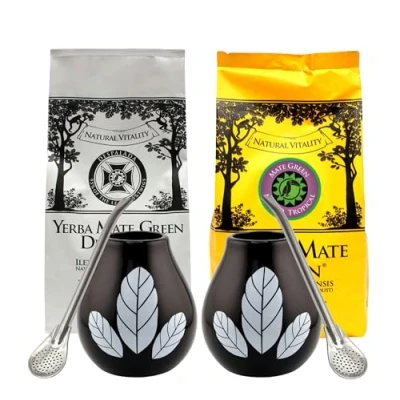 Abbildung von Yerba mate tee Set für Zwei ● 200g Green Mas IQ Tropical Despalada 2x Keramik becher Hoja 350 ml tasse Edeltahl trinkhalm Bombilla Guarana