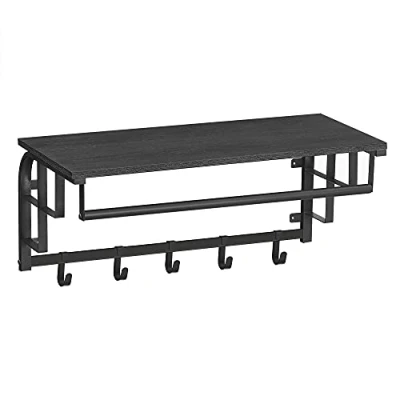 Abbildung von ACAZA Wandregal mit Garderobenhaken, Kleiderstange zur Wandmontage im Industrial Design, Flurgarderoben Set aus Vintage Holz Metall, schwarz, Maße B 66 cm x H 27 T 30