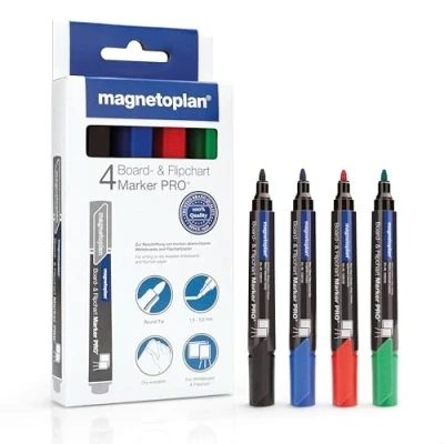 Abbildung von magnetoplan Board und Flipchartmarker PRO+, 4 Stück, Allround Marker mit Rundspitze in kräftigen Farben, Strichstärke 1,5 3 mm, für Whiteboards Flipchart Papier