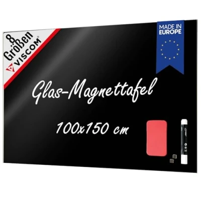 Abbildung von VISCOM Glas Magnettafel 100 x 150 cm in sattem Schwarz rahmenlose Magnetwand Memoboard magnetisch, beschreibbar &amp; trocken abwischbar inkl. Magnete, Stift, Tafellöscher