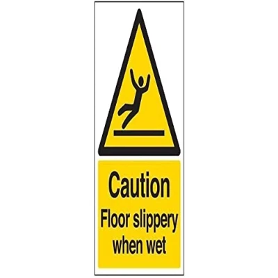 Abbildung von VSafety Allgemeines Warnschild „Caution Floor Slippery When Wet“ (in englischer Sprache), selbstklebend, Hochformat, 200 x 300 mm, schwarz/gelb (63044 AU S)