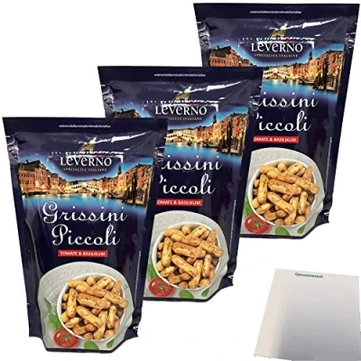Abbildung von Leverno Grissini Piccoli Tomate &amp; Basilikum 3er Pack (3x100g Packung) + usy Block