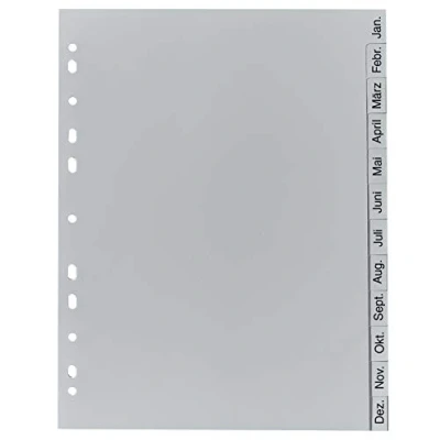 Abbildung von Exacompta 1812B Recycling Kunststoff Register 12 Blatt mit bedruckten Taben Januar Dezember für DIN A4 volle Höhe Plastikregister die ideale Ablage von Dokumenten Blauer Engel grau