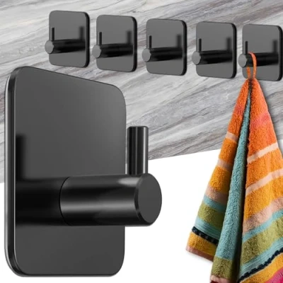 Abbildung von Menz Handtuchhalter ohne Bohren 6 Stück schwarze Badezimmer Handtuchhalter, Edelstahl Klebehaken, funktionale Haken, Haken selbstklebend, Handtuchhaken für Bad, Küche, mit wasserfesten Klebepads
