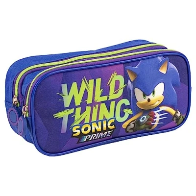 Abbildung von Federmappe Sonic Prime Farbe Lila und Blau 22,5x8x10 cm Aus Polyester Federmäppchen mit Zwei Fächern Reißverschluss Spiderman Aufdruck Original Produkt in Spanien Designed