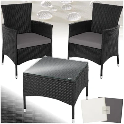 Abbildung von tectake® Poly Rattan Möbel Gartenset mit Wechselbezügen, 2 Stühle und Tisch Glasplatte, 2X Outdoor Lounge Sessel Armlehne Gartentisch, Gartenmöbel Set, Balkonmöbel schwarz