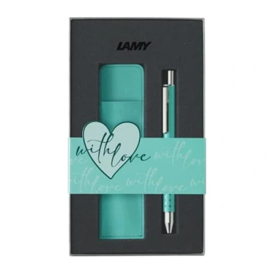 Abbildung von Lamy swift lagoon Special Edition Tintenroller Geschenk Set Romantisches Geschenkset mit &amp; Echtleder Etui Gehäuse aus Metall Strichbreite B inkl. Tintenrollermine M 66 blau