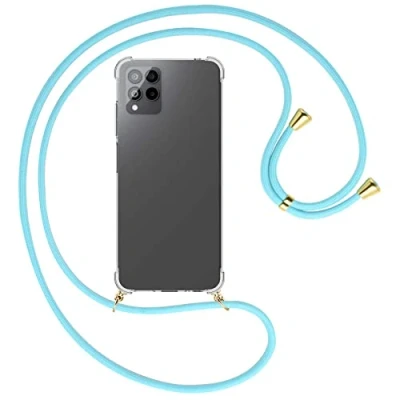 Abbildung von mtb more energy® Handykette kompatibel mit Telekom T Phone Pro 5G Himmelblau/Gold Smartphone Hülle zum Umhängen Anti Shock Full TPU Case