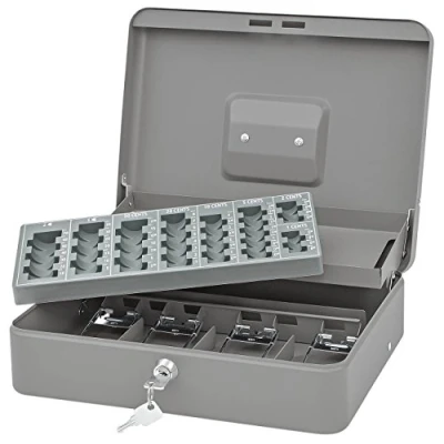 Abbildung von Wedo 149858012 Geldzählkassette Standard Plus, Fassungsvermögen 137,60 Hartgeld, Sicherheitsschloss, 4 Fächereinsatz für Scheine, Tragegriff, 30 x 24 9 cm, pulverbeschichtetes Stahlblech, grau