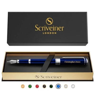 Abbildung von Scriveiner Midnight Blue Personalisierter Stift Atemberaubender Blauer Lack Luxusfüller, Chrom Finish, Deutsche Schmidt Feder (Mittel), Bestes Graviertes Füllfederhalter Geschenkset, Namensgravur