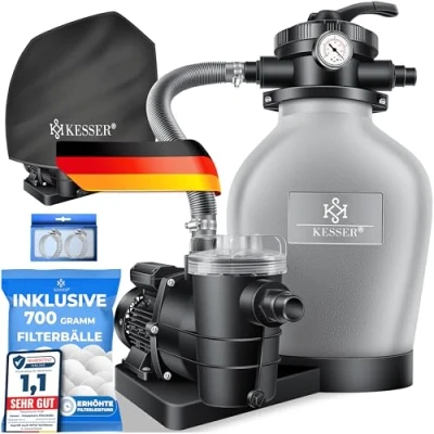 Abbildung von KESSER® Sandfilteranlage Sandfilter + 700g Filterbälle ersetzen 25kg Filtersand 7 Wege Ventil mit Druckanzeige Poolfilter 10 m/h Filteranlage Filterkessel für Pool 10.200 L/h, Inkl. Wettercover, Grau