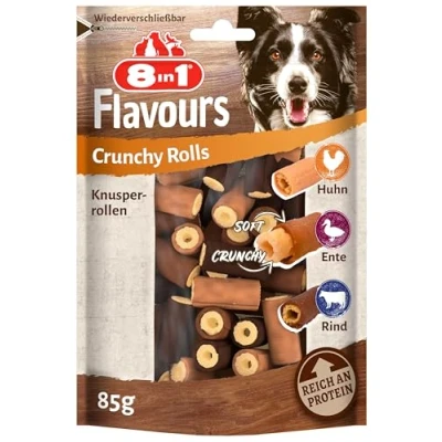 Abbildung von 8in1 Flavours Crunchy Rolls Hunde Snacks knusprige Leckerlis für mit Hähnchenbrust, Entenbrust oder Rindfleisch, 85 g Beutel