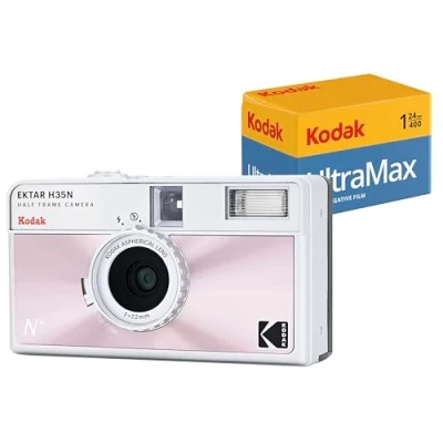 Abbildung von Kodak EKTAR H35N Halbformat Filmkamera Set mit Ultramax 24EXP Rollfilm (Glasiertes Rosa)