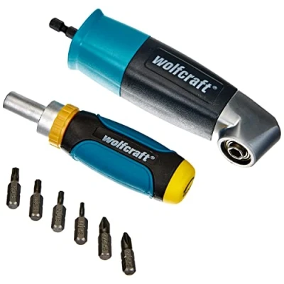 Abbildung von wolfcraft Schubladen Schrauber Set I 1001000 zum Bohren und Schrauben an schwer zugänglichen Stellen Winkelgetriebe, Handschraubendreher, 6 Bits