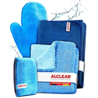 Abbildung von ALCLEAR 8201000 Profi Autopflegeset 4teilig bestehend aus Trockenwunder, 2 Seiten Allrounder, Felgenhandschuh sowie Microcar Autoschwamm