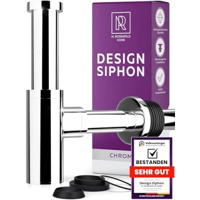 Abbildung von Design Siphon Waschbecken Waschtisch Extra starke 304er Edelstahl Wände mit 750g Geruchsverschluss inkl. Dichtungen Reinigungsöffnung + Einbauanleitung an Abflussgarnitu