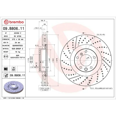 Abbildung von BREMBO Bremsscheibe MERCEDES BENZ: G Klasse SUV Prime 375mm 36mm 5 innenbelüftet 09.B806.11 4634210712,A4634210712 Bremsscheiben, Scheibenbremsen