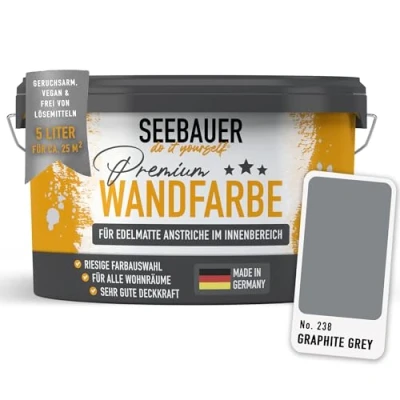 Abbildung von SEEBAUER diy Wandfarbe Grau 5L für Innen (No. 238 Graphite Grey) Edelmatte graue Innenfarbe Grautöne sehr hohe Deckkraft Matt, Abwaschbar und Tropffrei