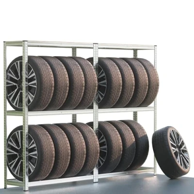 Abbildung von MONZANA® 2x Reifenregal 8 Reifen 795 kg 180x120x40cm inkl Gummischutz höhenverstellbare MDF Ablage Stecksystem Garage Werkstatt Felgenregal Lagerregal
