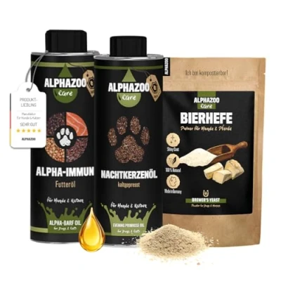 Abbildung von alphazoo Immunsystem Kombi für Hunde &amp; Katzen I Nachtkerzenöl, Bierhefe Pulver Alpha Immun Öl System stärken aufbauen Vitamin B Komplex bei Fieber Husten Starke Immunabwehr