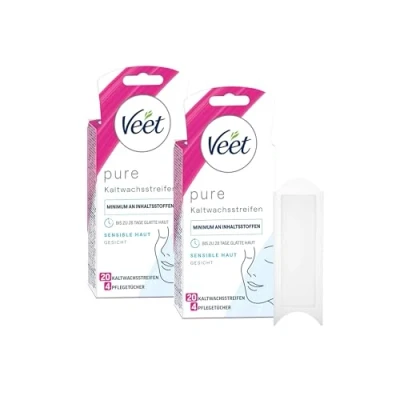Abbildung von Veet PURE Kaltwachsstreifen Geeignet für sensible Haut Anwendung Gesicht Bis zu 28 Tage glatte 40 x Doppelstreifen à 80 Anwendungen