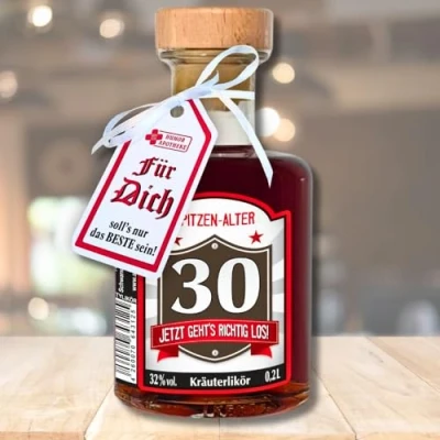 Abbildung von Apothekerflasche Zum 30. Geburtstag Kräuterlikör 0,2L 33% vol. für Männer als Geburtstagsgeschenk mit Holzgriff Korken Schnaps Likör Humorapotheke