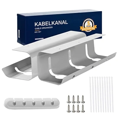 Abbildung von E.For.U® Kabelkanal Schreibtisch 2er Set, zum ordentlichen Kabelmanagement am inkl Zubehör, Kabelführung Kabelwanne Kabelhalter Kabelaufbewahrung, einfache Montage (Grau)