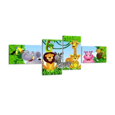 Abbildung von wandmotiv24 Leinwandbild Animal Group LW404 Wandbild, Bild auf Leinwand, 4 Teile, 100x45cm, Kunstdruck Canvas, XXL Bilder, Keilrahmenbild, fertig aufgespannt, Bild, Holzrahmen, Urwald, Tiere, Kinder,