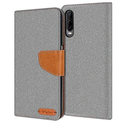 Abbildung von Verco kompatibel mit Huawei P30 Hülle, Schutzhülle für Tasche Denim Textil Book Case Flip Klapphülle, Grau