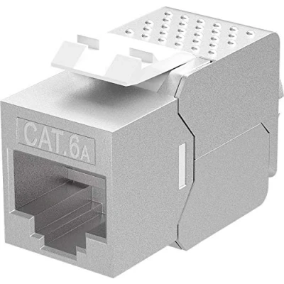 Abbildung von Goobay 90864 Keystone Modul RJ45 Buchse / Slim Line 14,7 mm CAT 6A Netzwerkstecker 500 MHz STP 8P8C für Netzwerkkabel LSA Montage Zink