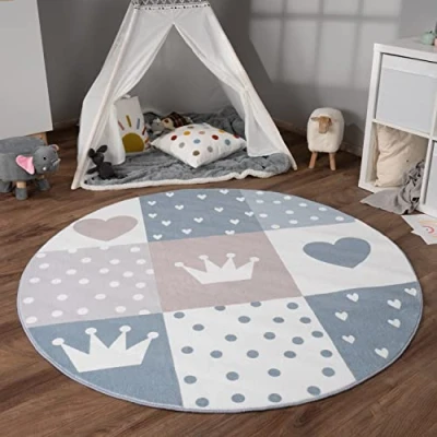 Abbildung von Paco Home Kinderteppich &quot;Eliz 391&quot;, rund, 12 mm Höhe, Kurzflor, Spielteppich, Patchwork Muster, Motiv Krone, Herz &amp; Punkte