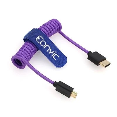 Abbildung von Eonvic 2.1 8K HDMI auf Micro Kabel High Speed Thin Male to Extender lila Spiralkabel für Sony Alpha III Atomos Ninja V (HDMI HDMI, geflochtenes Spiralkabel)