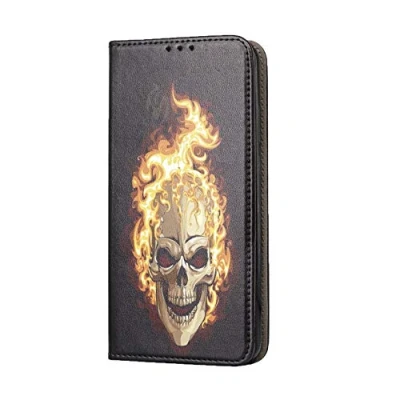 Abbildung von KX Mobile Hülle für Huawei P30 Pro Handyhülle Motiv 614 Totenkopf Skull Flammen Schwarz Premium Smart aus Kunstleder einseitig bedruckt HandyCover