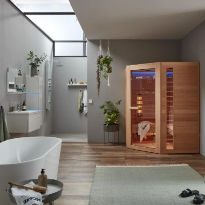Abbildung von HOME DELUXE Infrarotkabine REDSUN XXL, BxTxH: 150 x 190 cm, (Komplettset) 7 Vollspektrumstrahler, Hemlocktanne, für 4 Personen l Infrarotsauna